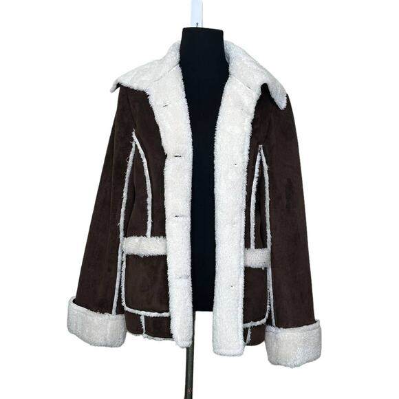 MiFresia Brown Suede White Sheerling Trim Button Jacket size M - Picture 6 of 14